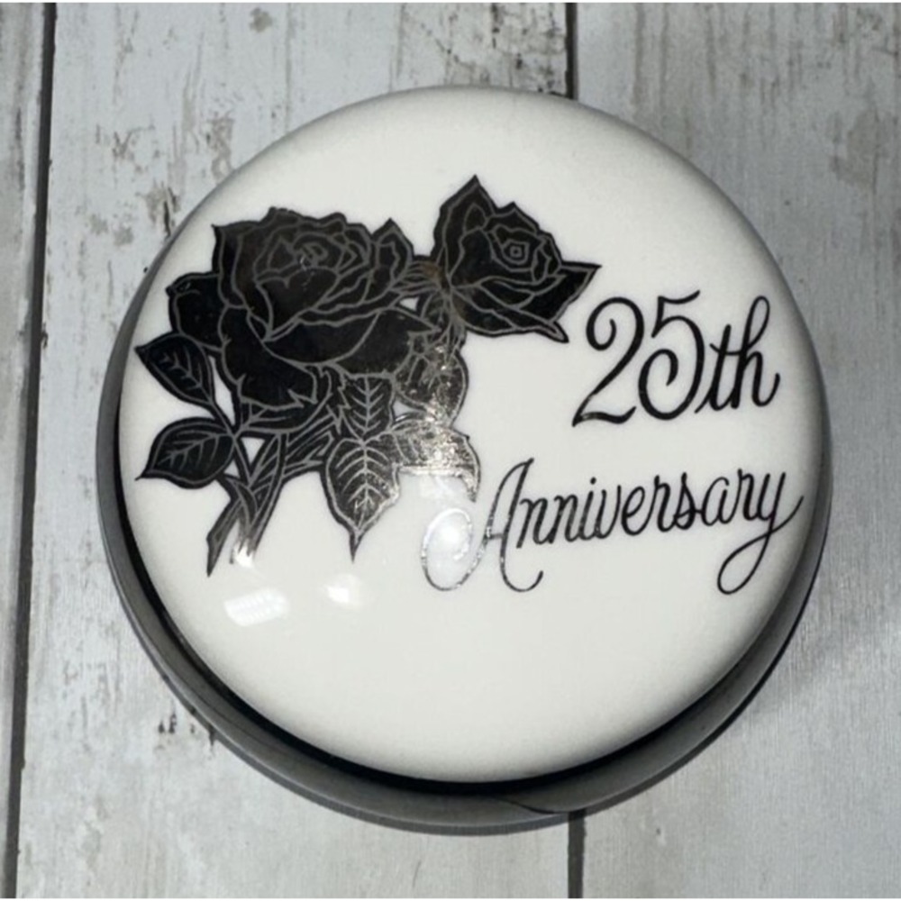 Chatillon Porcelain 25th Anniversary Trinket Dish Box With Lid Silver Accents